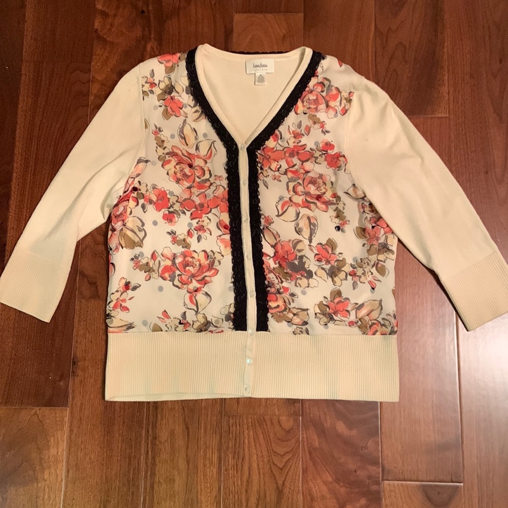 Neiman Marcus silk blend button down sweater with lace and chiffon insets